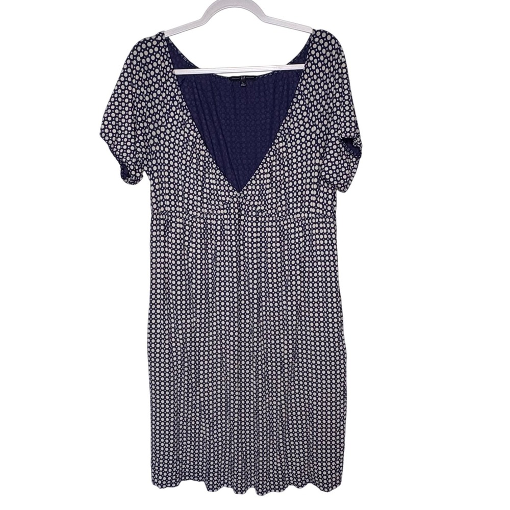 GAP Navy Blue White Geometric Polka Dot Jersey Knit V-Neck Shift Dress Boho L‎